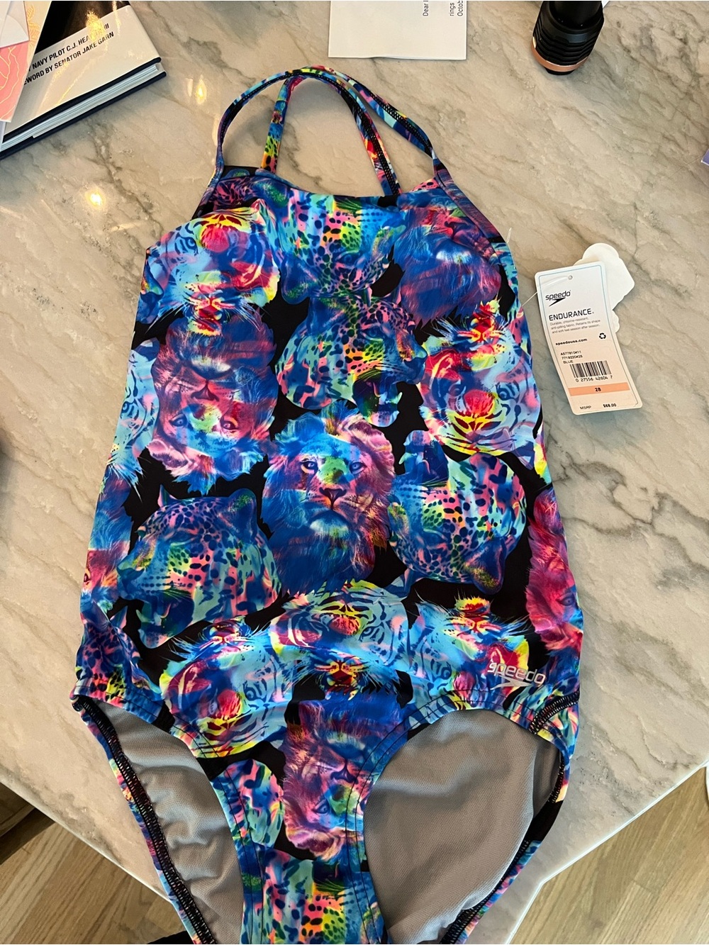 Speedo Girls Neon Multicolor Animal Face One-Piece Swimsuit